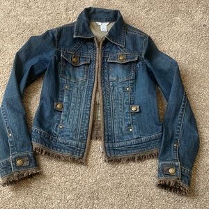 CABI Women's Denim Indigo Frayed Style 620 Jacket Medium Full Zip Bow